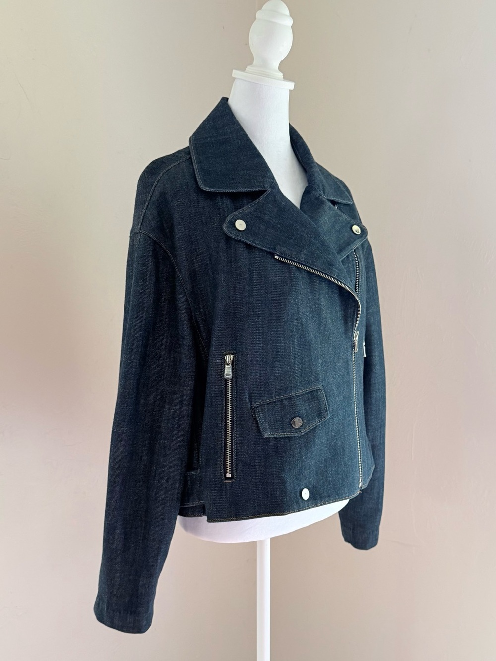 TIBI Raw Denim Oversized Moto Motorcycle Jean Jacket Size M - Picture 2 of 16